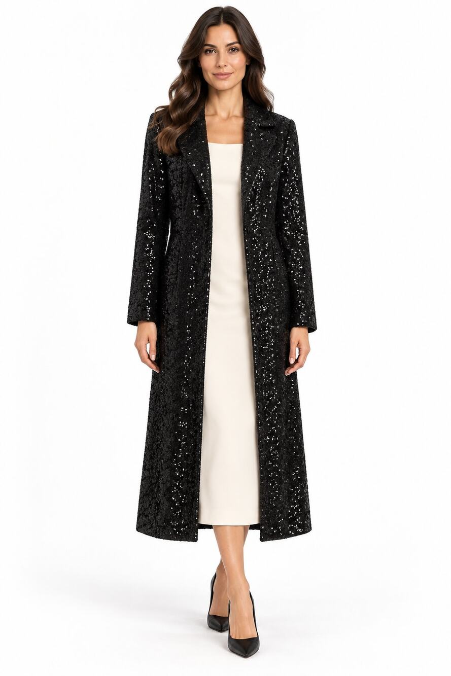 Chiara Boni La Petite Robe Saveria Long Sequin Trench Coat Black Size M No belt